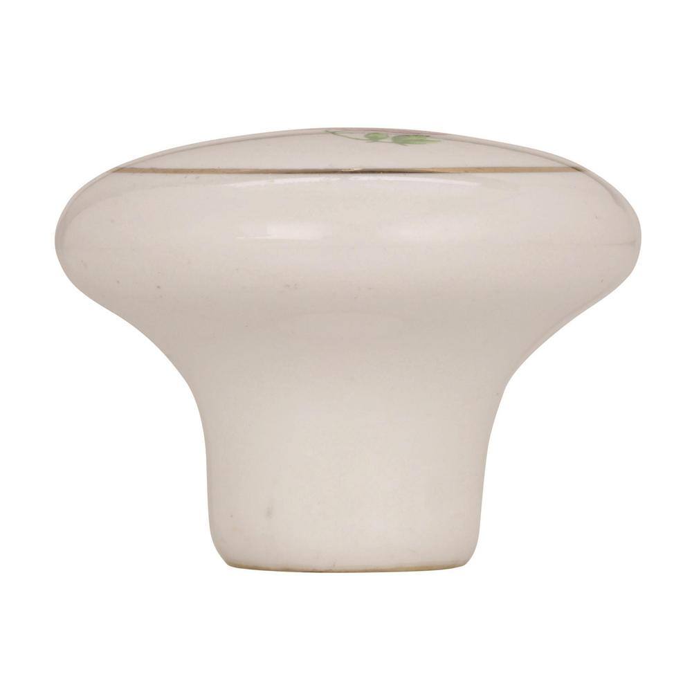 White Ceramic Round Cabinet Knob with Pink Rose Design