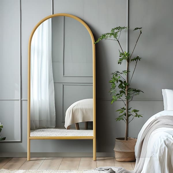 Lirago 31 in. W x 71 in. H Ladder-Style Arched Solid Wood Framed Mirror in Brown
