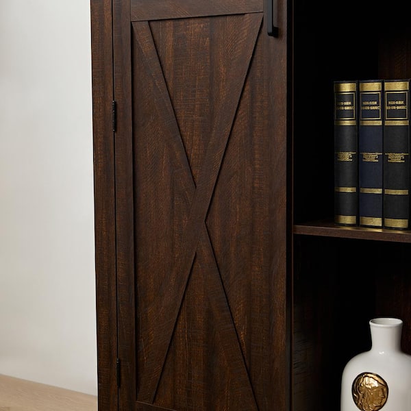 FUNKOL 39.37in x 15.75in x 74.4in Espresso Vintage MDF Ready to Assemble Kitchen Cabinet with 1 Barn Door and 3 Shelves