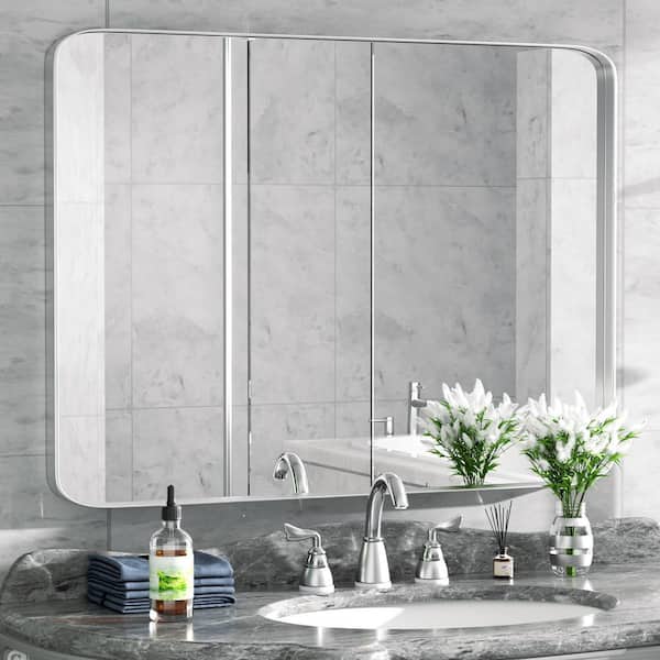 30 in. W x 48 in. H Large Rectangular Stainless Steel Framed Mirror Wall Mirror Bathroom Vanity Mirror in Brushed Silver
