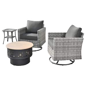 Eufaula Gray 4-Piece Wicker Outdoor Patio Conversation Swivel Chair Set with a Wood-Burning Fire Pit and Black Cushions