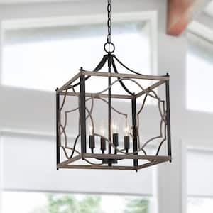 4-Light Farmhouse Matte Black and Wood Brown Grain Square Chandelier with No Bulbs. Included
