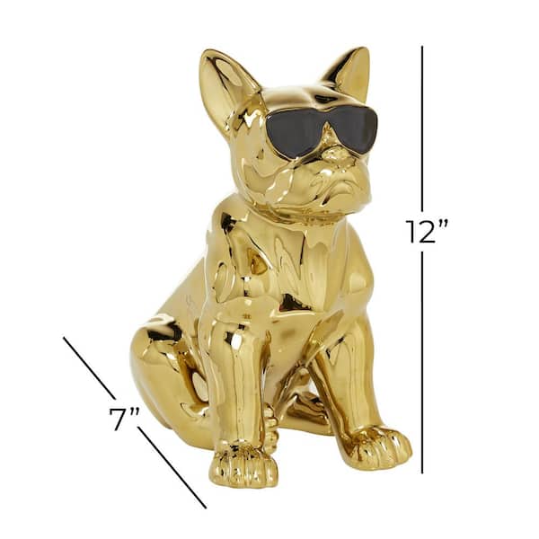 10 in. x 12 in. Gold Ceramic Bulldog Sculpture with Sunglasses