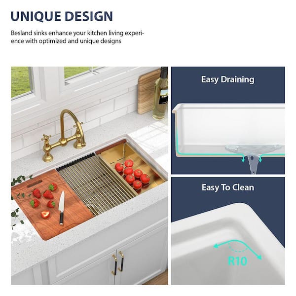 LORDEAR 33 in. Undermount Single Bowl Ceramic Workstation Kitchen