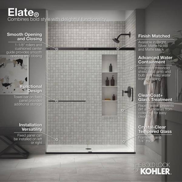 KOHLER Elate 56-60 in. W x 71 in. H Sliding Frameless Shower Door in Matte Black with Crystal Clear Glass