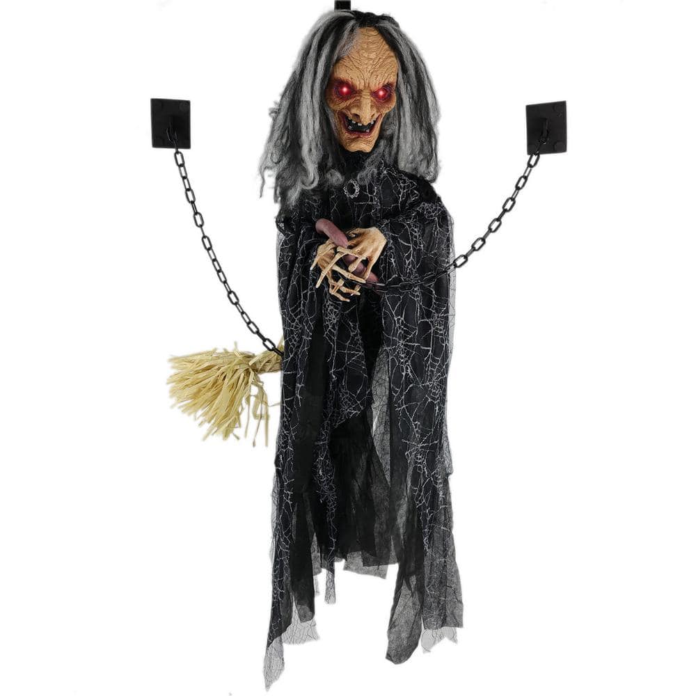 Haunted Hill Farm 4 ft. Animatronic Witch Door Greeter with Lights and Sound, Indoor/Covered Outdoor Halloween Decoration