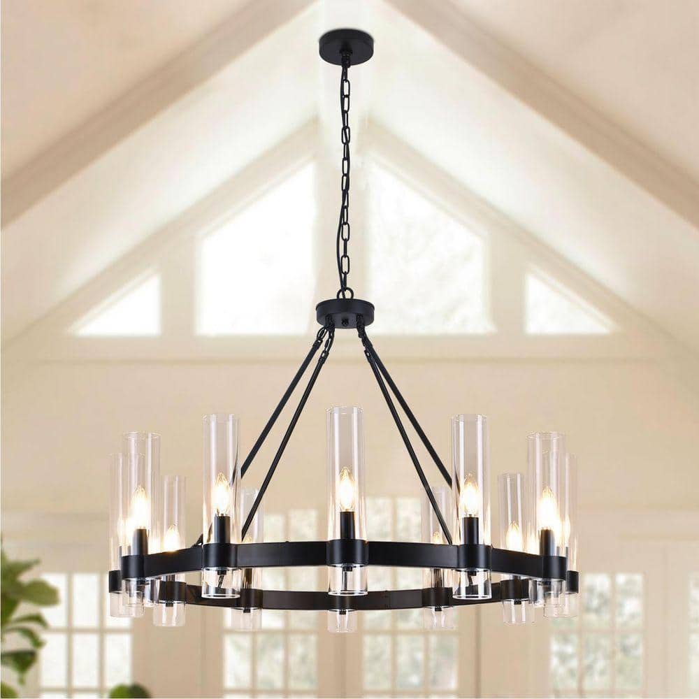 Shade Chandelier　シェードシャンデリア　ソルシエール　シーリング PAKOKULA 12-Light Black Candle Style Wagon Wheel Chandelier