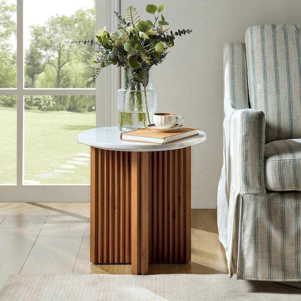 Liena Modern Minimalistic 19.75 in. Round Walnut Marble-Top End Table - thumbnail 8
