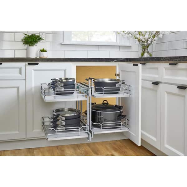 Steel Two-Tier Pullout Solid Bottom Organizer for Blind Corner Cabinets w/ Soft-Close