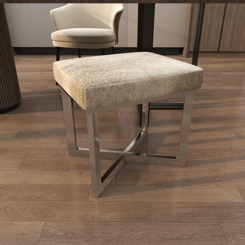 Silver Hair on Hide Upholstered Stool with Steel X-Base