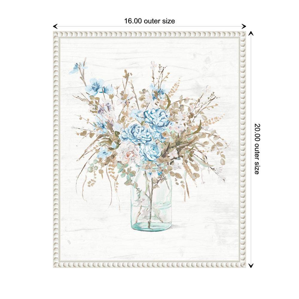 Blue Flowers in Glass Vase with White Beaded Frame Canvas Wall Art