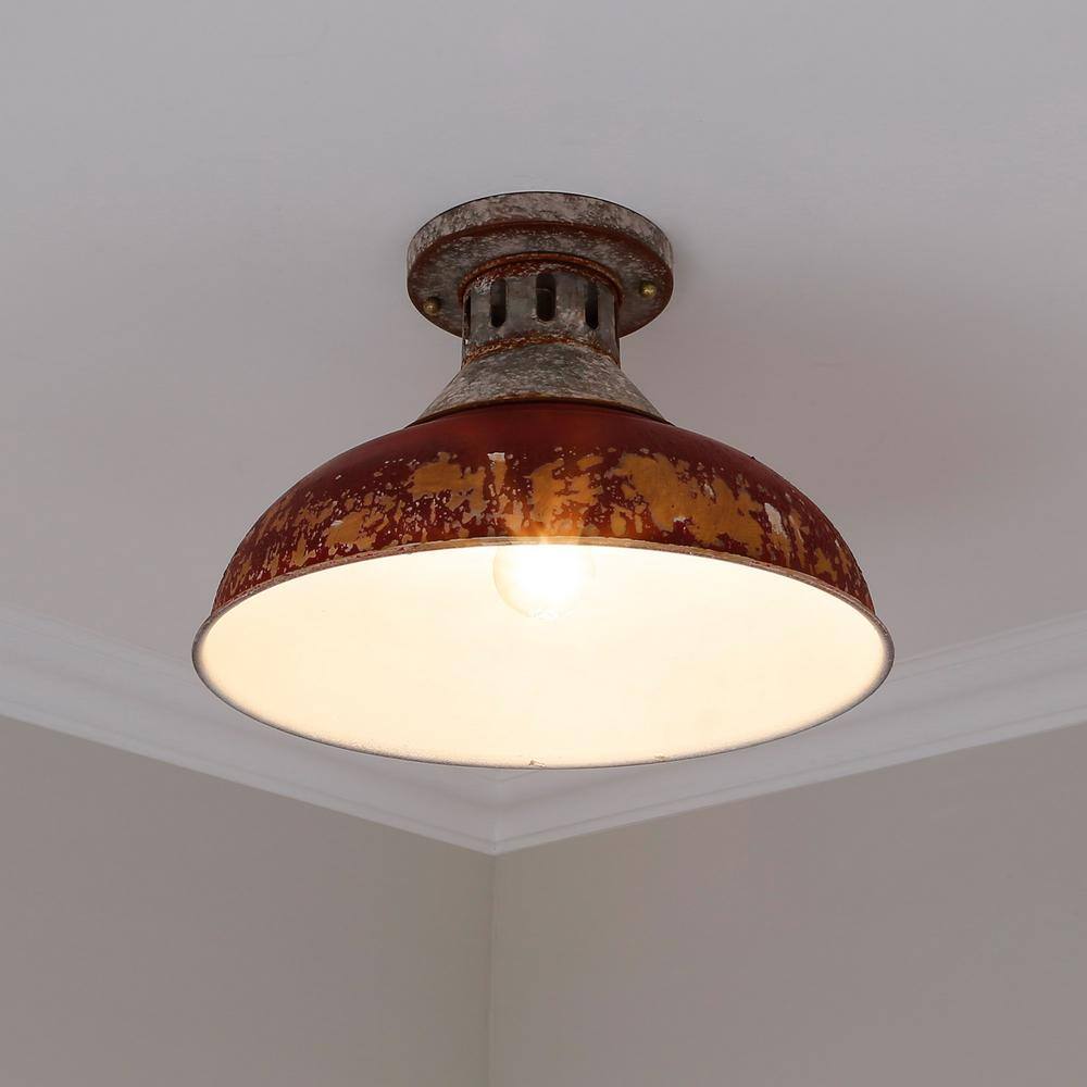 Antique Red Steel and Glass Semi-Flush Mount Light