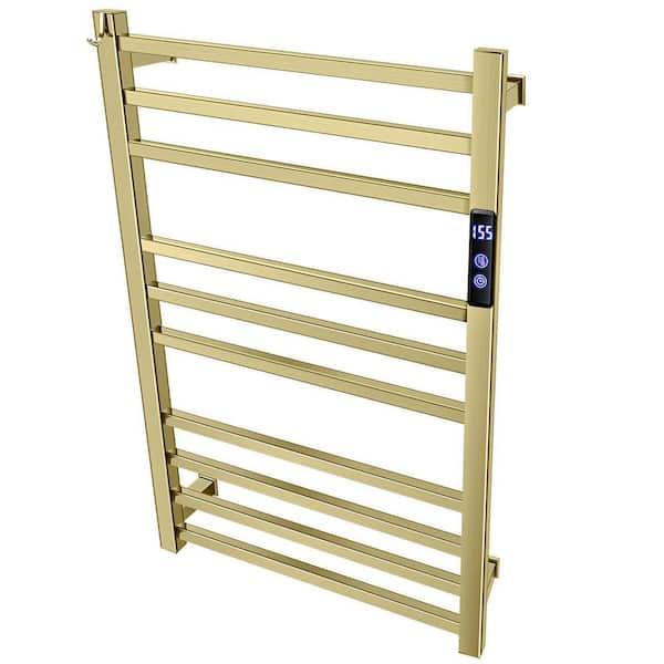 Electric Heated Towel Warmer Rack in Brushed Gold with Timer and Fahrenheit Temperature Control for Bathroom