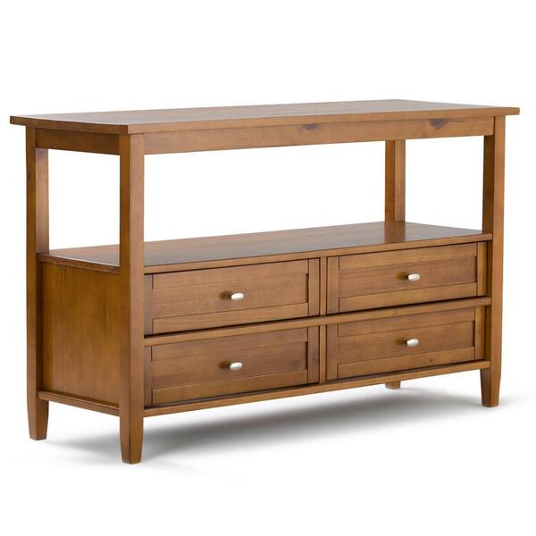 Simpli Home Warm Shaker 48 in. Honey Brown Rectangle Wood Console Table with Drawers