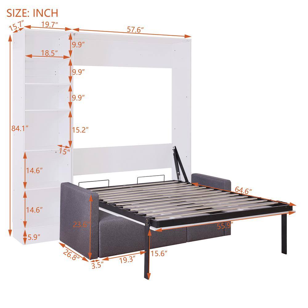White Wood Frame Full Murphy Bed Wall Bed with Sofa and Storage Shelves - thumbnail 2