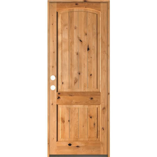 Krosswood Doors 32 in. x 96 in. Rustic Knotty Alder Arch Top V-Grooved Clear Stain Right-Hand Inswing Wood Single Prehung Front Door