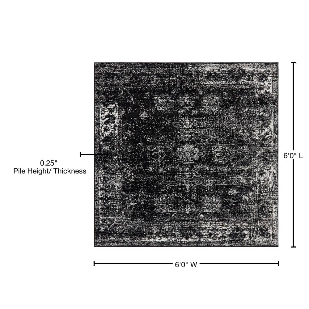 Sofia Collection Black and Ivory 6' Square Synthetic Area Rug