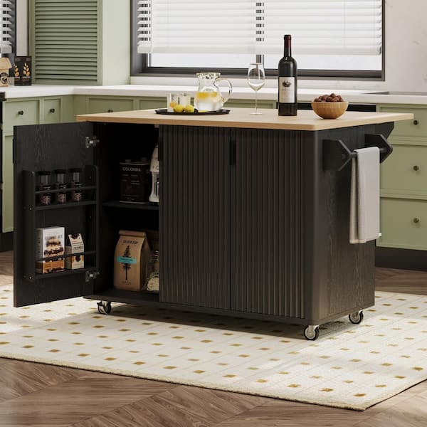 Black MDF Kitchen Cart with Drop Leaf and Towel Rack