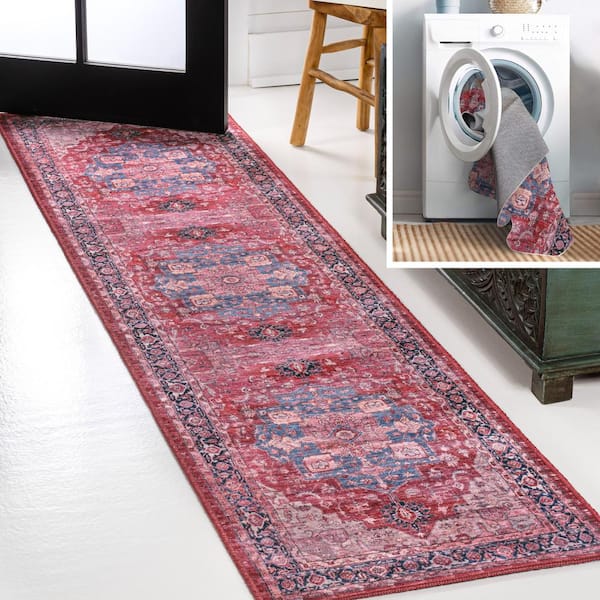 JONATHAN Y Maris Ornate Medallion Machine-Washable Red/Black/Blue 2 ft. x 8 ft. Runner Rug