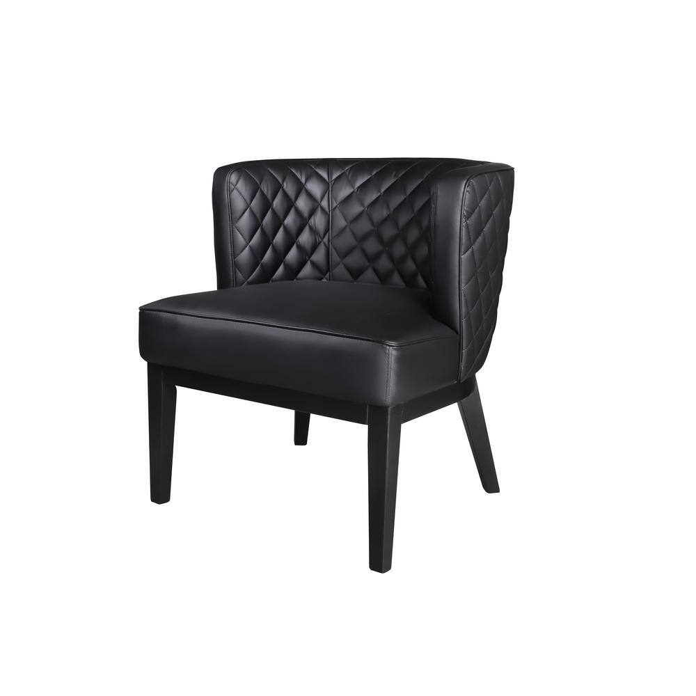 Elegant Quilted Black Leather Barrel Accent Chair with Wood Base
