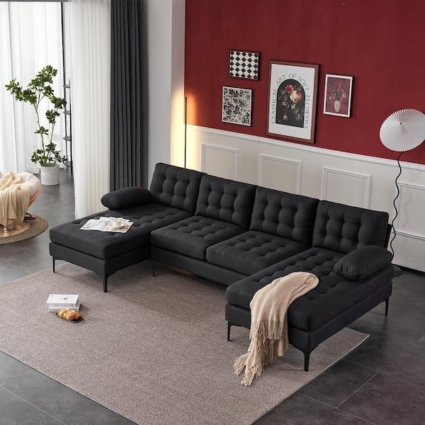Karl home 110 in. Padded Arm 3-Piece Polyester U-shaped Sectional Sofa in. Black with Pull Point Design
