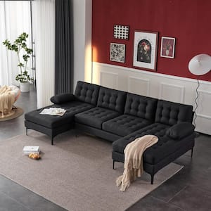 110 in. Padded Arm 3-Piece Polyester U-shaped Sectional Sofa in. Black with Pull Point Design