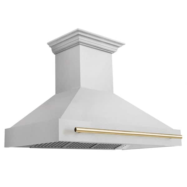 ZLINE Kitchen and Bath Autograph Edition 48 in. Satin Stainless Steel Wall Mount Range Hood with Polished Gold Handle