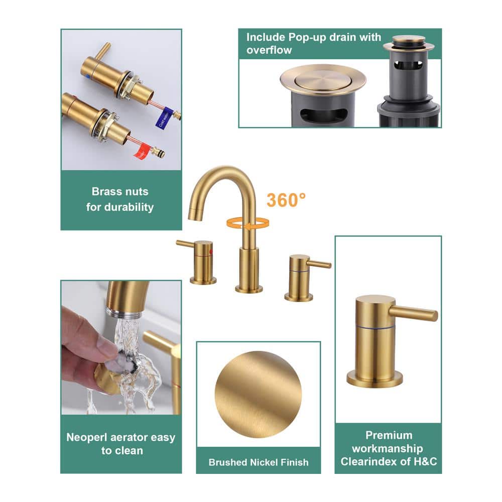 Brushed Gold 8-inch Widespread Double Handle Bathroom Faucet
