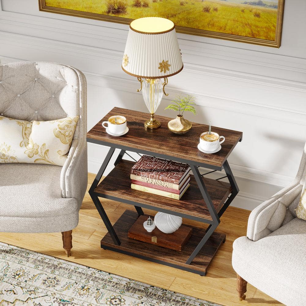 Rustic Brown Wood and Black Metal 3-Tier End Table