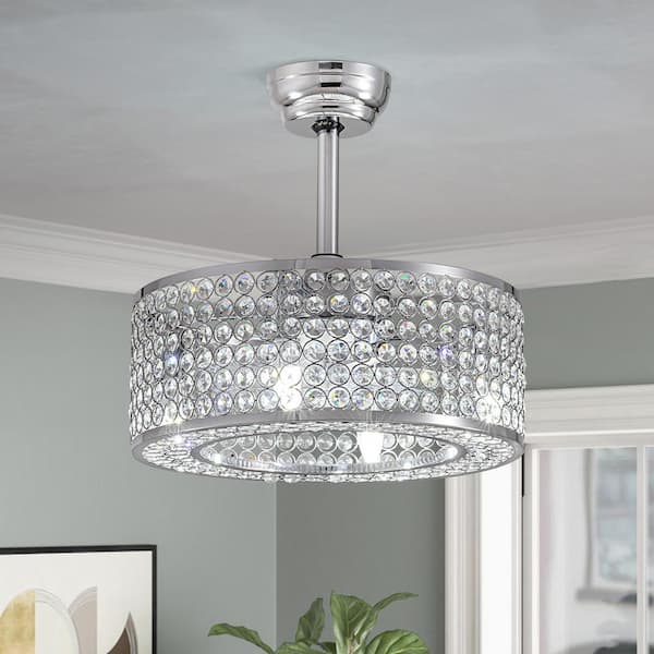 18 in. Indoor Modern Chrome Caged Ceiling Fan with Lights and Remote Small Enclosed Ceiling Fan with Clear Crystal