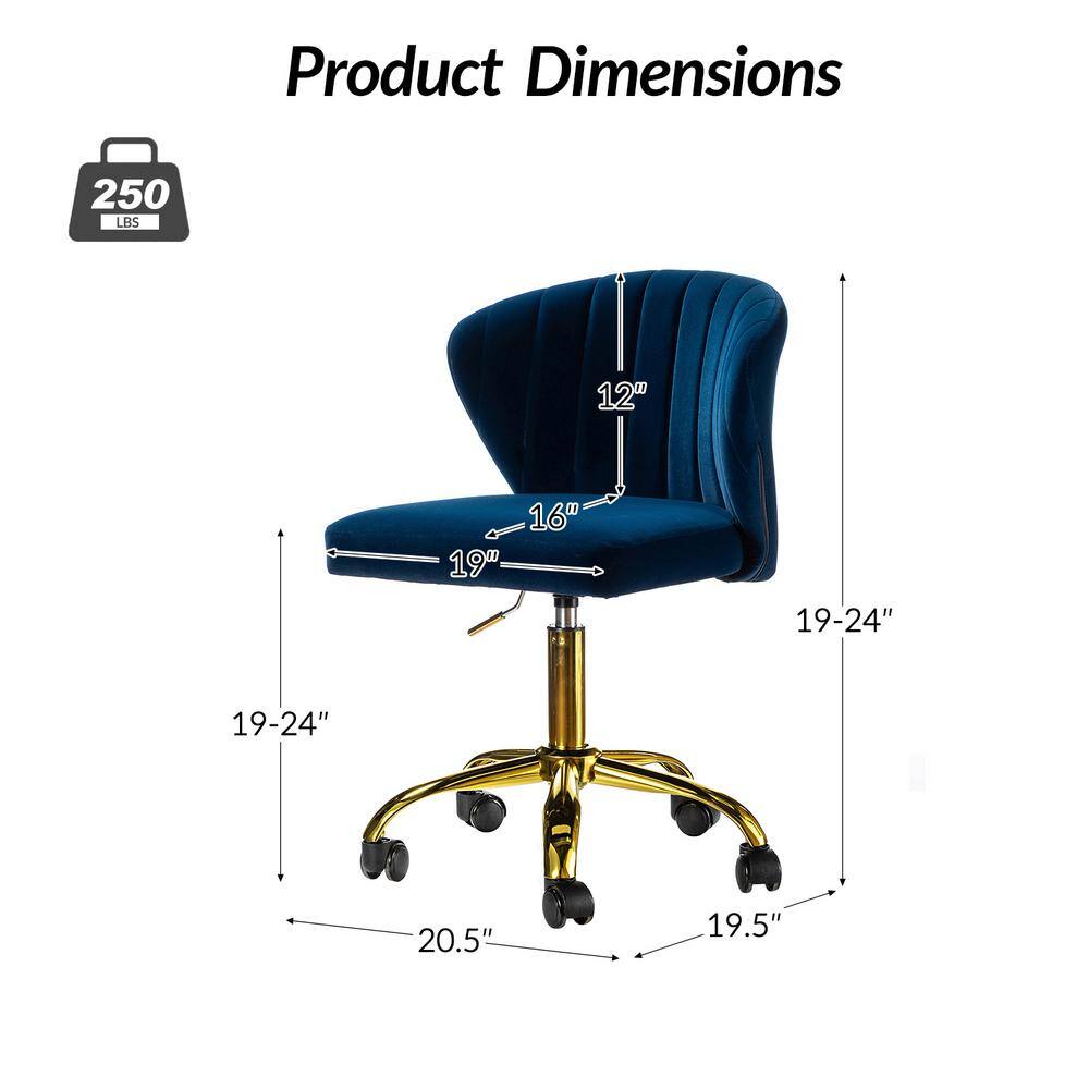 Ergonomic Navy Velvet Armless Task Chair with Gold Metal Base