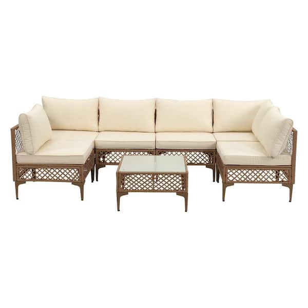 7-Piece Wicker Patio Conversation Set with Beige Cushions