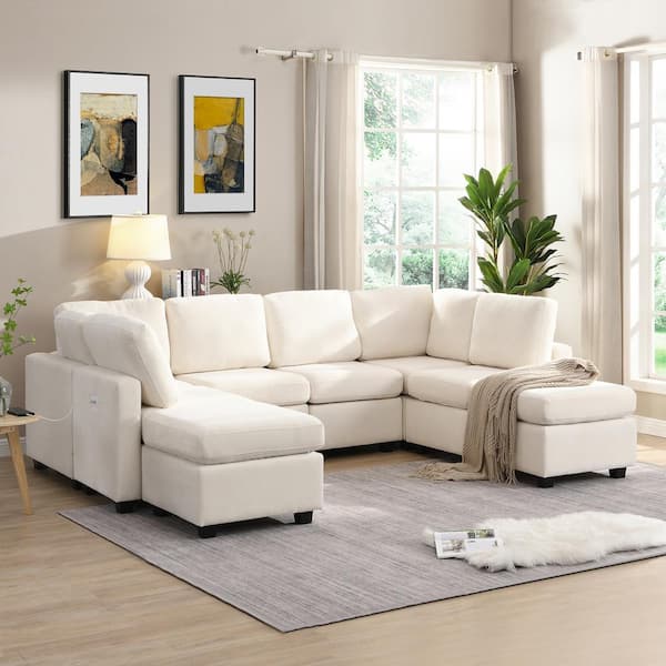 103 in. Chenille U-Shaped Sectional Sofa Couch in. Beige with 2-Movable Ottoman and 3 USB Ports
