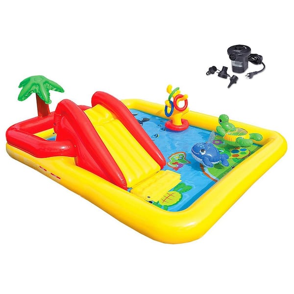 INTEX Rectangle 77 in. x 31 in. Deep Ocean Play Center Kids Inflatable Wading Pool Plus Quick Fill Air Pump