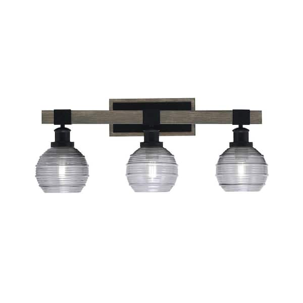 Unbranded Richmond 26.5 in. 3-Light Vanity Light Matte Black and Painted Wood-look Metal with 6 in. Smoke Ribbed no bulbs included