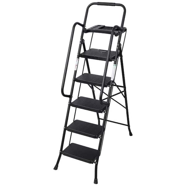 Reach 5.4 ft. Folding 5-Step Portable Steel Ladder, Step Stool with Wide Anti-Slip Pedal,Handrail,330 lbs. Load Capacity