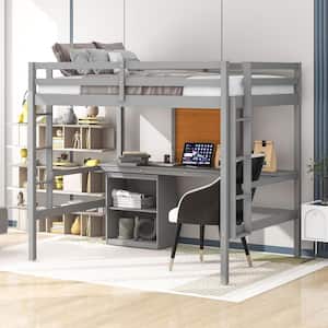 Full Size Plywood Loft Bed with Desk, Writing Board and 2 Drawers Cabinet, Gray