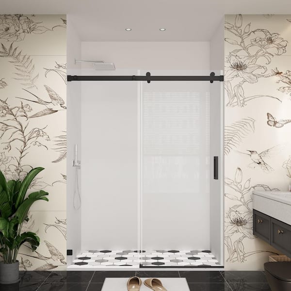 YINVANI 60 in. W x 79 in. H Single Sliding Frameless Soft-Closing Bypass Shower Door in Matte Black with 3/8 in. Clear Glass