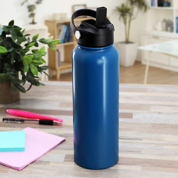 Marina 38 Ounce Double Wall Stainless Steel Thermal Bottle Beverage Mugs with Lid and Straw in Matte Blue