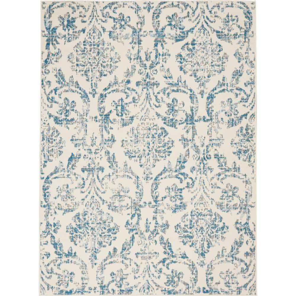 Elegant Ivory and Blue Damask 5' x 7' Synthetic Area Rug