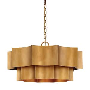 Shelby 30 in. W x 16 in. H 6-Light Gold Patina Shaded Pendant Light with Metal Shade