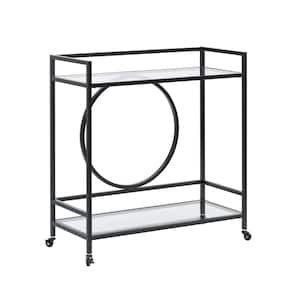International Lux Black Serving Cart with Glass Shelves and Locking Casters in Metal Frame