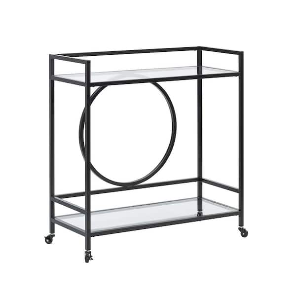 SAUDER International Lux Black Serving Cart with Glass Shelves and Locking Casters in Metal Frame