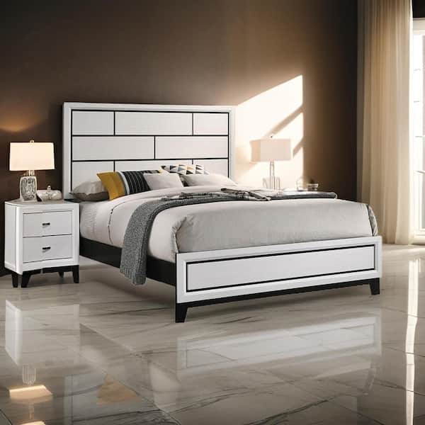 Erica White and Black and Nickel Wood Frame Full Panel Bed with Panel Style Headboard