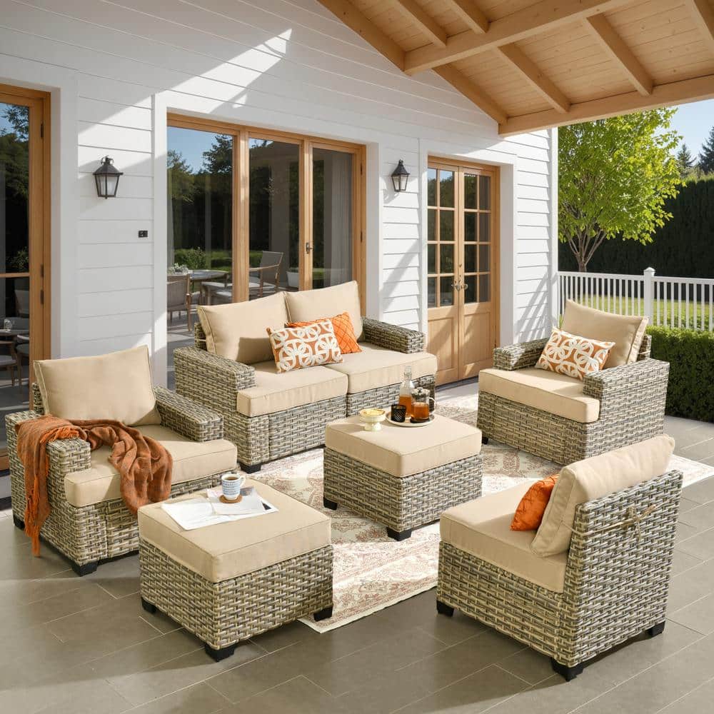 Kelleys 7-Piece Wicker Modern Outdoor Patio Conversation Sofa Seating Set with Beige Cushions