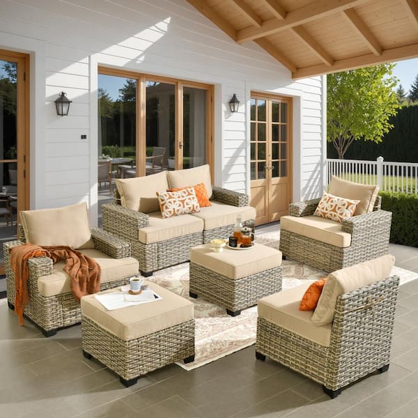 HOOOWOOO Kelleys 7-Piece Wicker Modern Outdoor Patio Conversation Sofa Seating Set with Beige Cushions