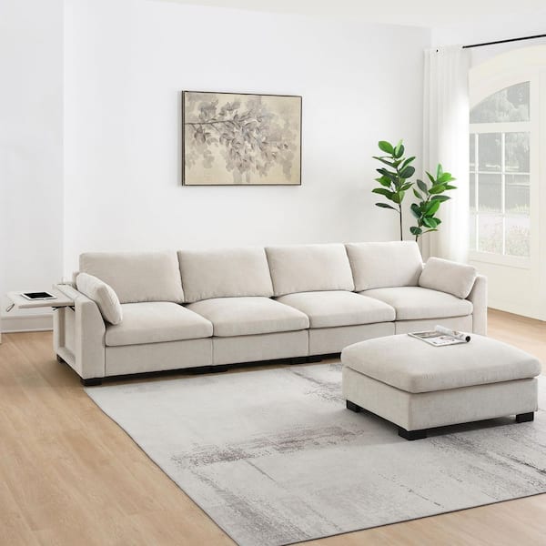 130 in. Modular Chenille Sectional Sofa in Beige with Folding Table and 2-Port Charging, Side Pockets 2 Pillows, Ottoman