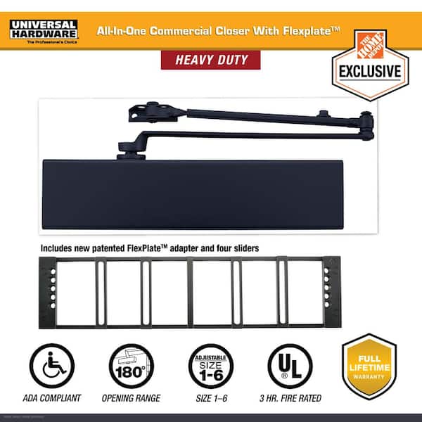 Universal Hardware Heavy-Duty All-in-One Matte Black Commercial Door Closer with Flex Plate