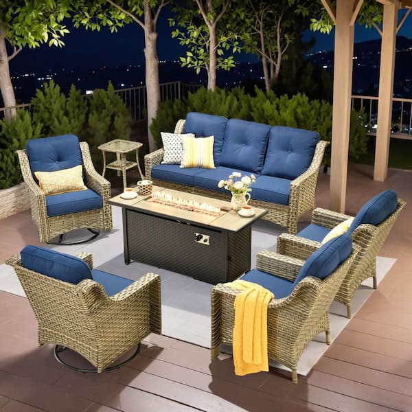 Tulip R 7-Piece Wicker Patio 54" Fire Pit Conversation Set with Swivel Rocking Chairs and Navy Blue Cushions