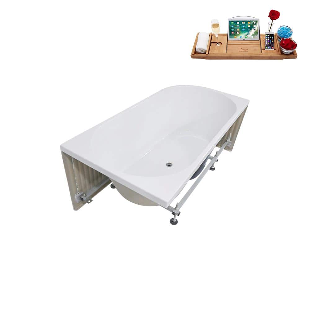59'' Glossy White Freestanding Acrylic Soaking Bathtub with Chrome Drain